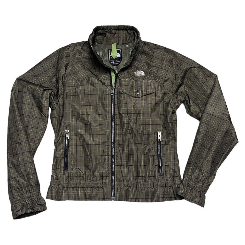 The North Face Nylon Windbreaker Jacket Check Print Zipper Green - Size Small